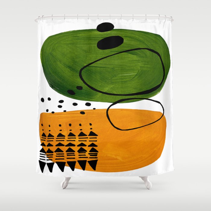 Modern Mid Century Fun Colorful Abstract Minimalist Painting Olive Green Yellow Ochre Buns Shower Curtain Gallery Image 1