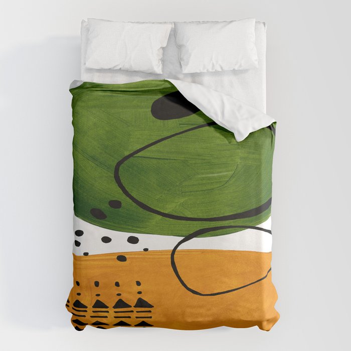 Modern Mid Century Fun Colorful Abstract Minimalist Painting Olive Green Yellow Ochre Buns Duvet Cover Gallery Image 6