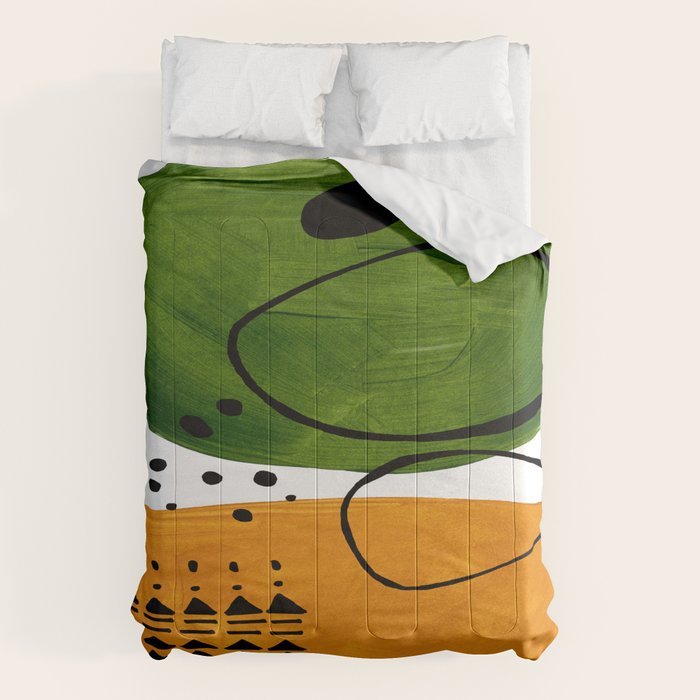 Modern Mid Century Fun Colorful Abstract Minimalist Painting Olive Green Yellow Ochre Buns Comforter Gallery Image 1