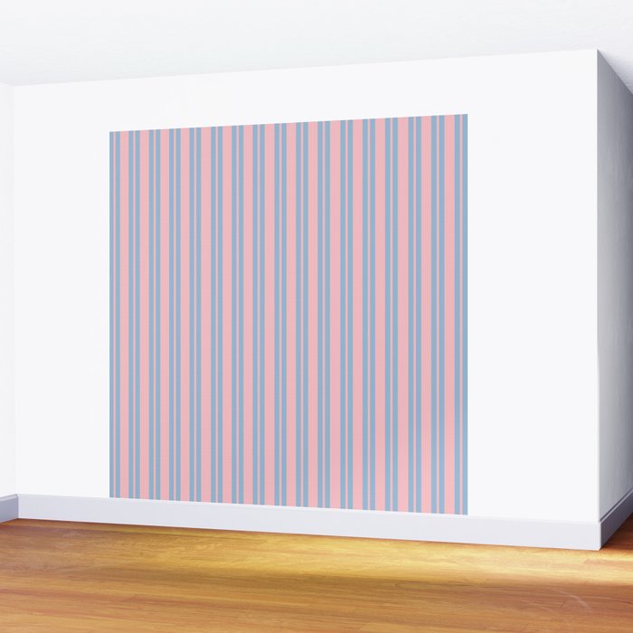 Baby Blue and Pastel Pink Classic Double Stripe Vertical Pattern Wall Mural Gallery Image 2