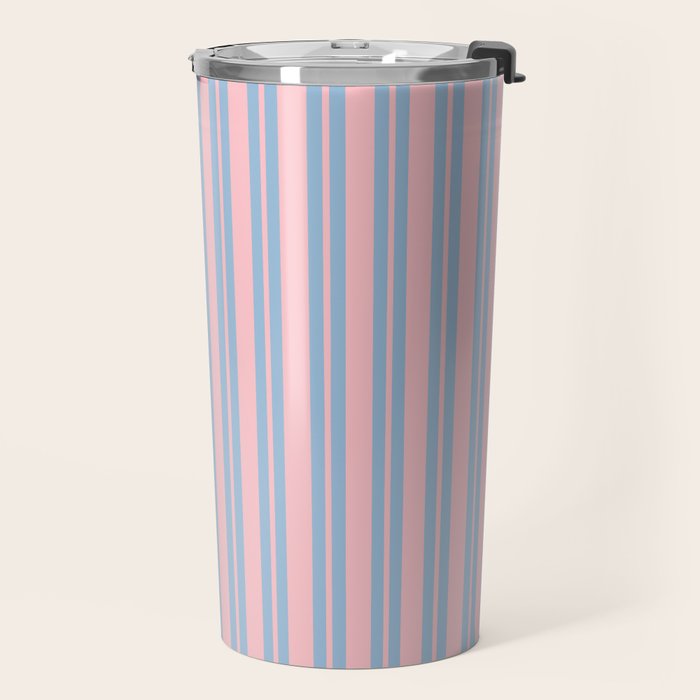 Baby Blue and Pastel Pink Classic Double Stripe Vertical Pattern Travel Mug Gallery Image 2