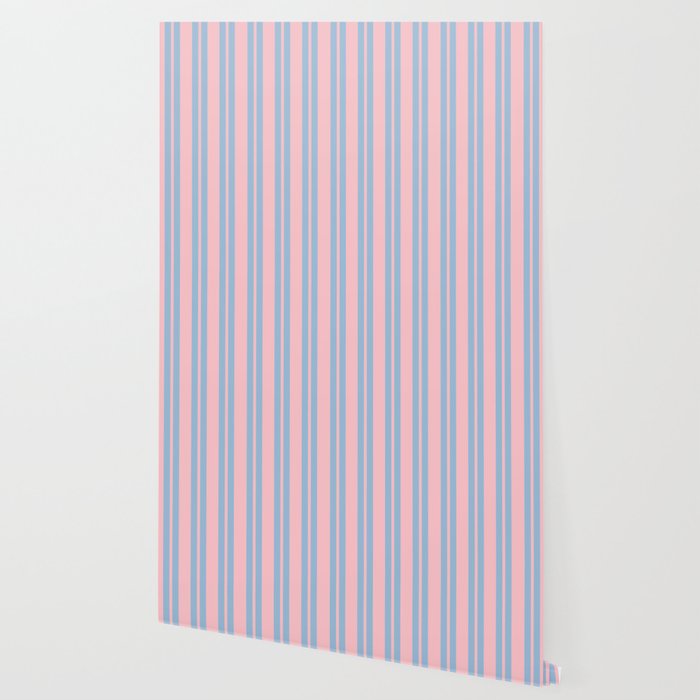 Baby Blue and Pastel Pink Classic Double Stripe Vertical Pattern Wallpaper Gallery Image 2