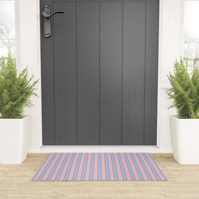 Baby Blue and Pastel Pink Classic Double Stripe Vertical Pattern Welcome Mat Gallery Image 3