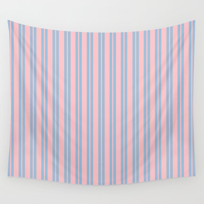Baby Blue and Pastel Pink Classic Double Stripe Vertical Pattern Wall Tapestry Gallery Image 4