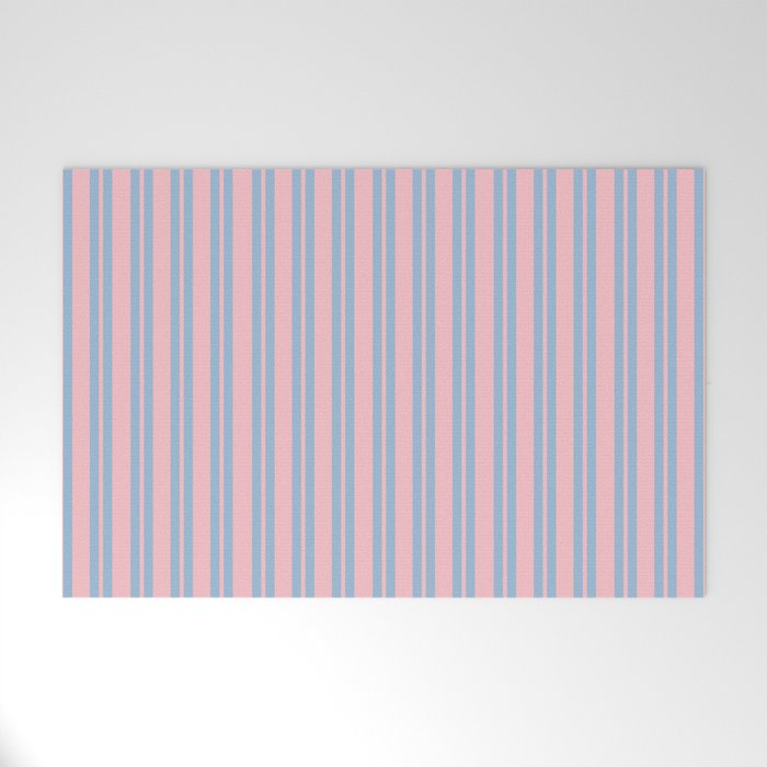 Baby Blue and Pastel Pink Classic Double Stripe Vertical Pattern Welcome Mat Gallery Image 1