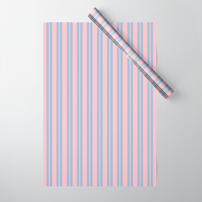 Baby Blue and Pastel Pink Classic Double Stripe Vertical Pattern Wrapping Paper Gallery Image 1