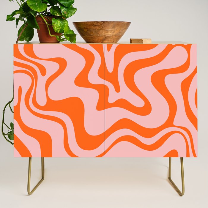 Groovy Retro Liquid Swirl Abstract Orange and Pink Pattern 3 Credenza Gallery Image 1