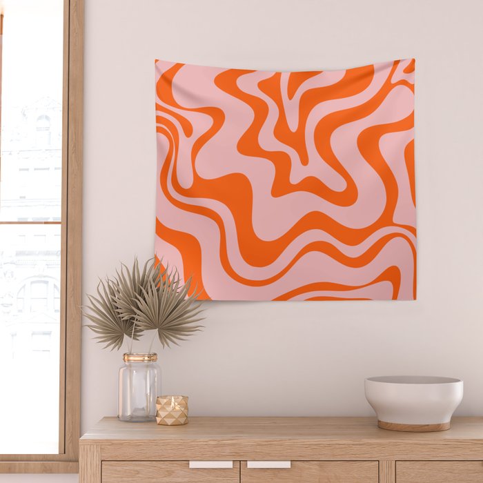 Groovy Retro Liquid Swirl Abstract Orange and Pink Pattern 3 Wall Tapestry Gallery Image 2