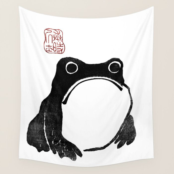 Cute Grumpy Frog Vintage Japanese Woodblock Print Wall Tapestry Gallery Image 1