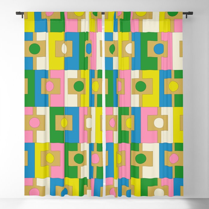 Retro Geometric Mid Century Modern Rektangel Pattern Yellow Blue Pink Green Window Curtain Gallery Image 5