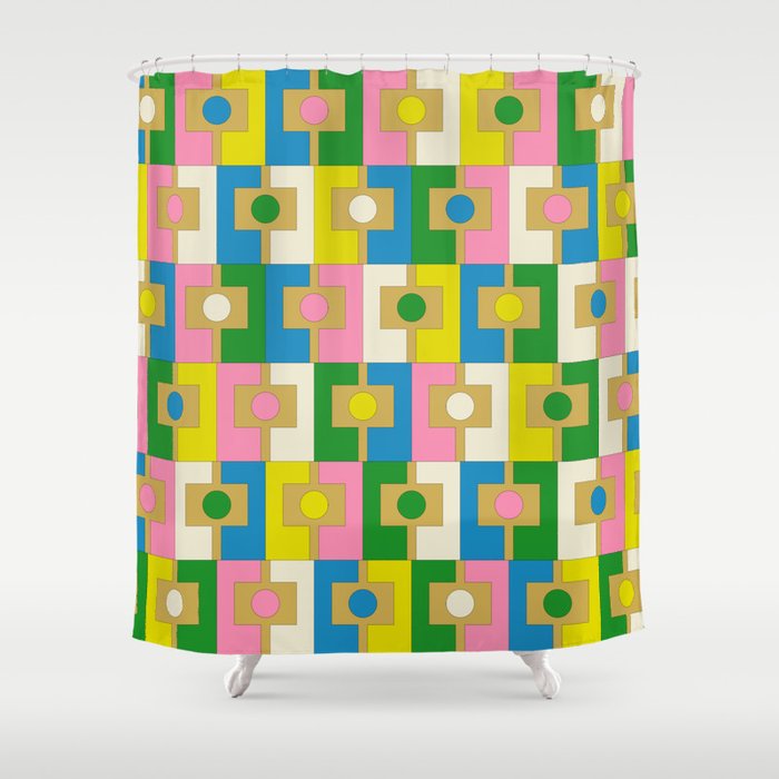 Retro Geometric Mid Century Modern Rektangel Pattern Yellow Blue Pink Green Shower Curtain Gallery Image 1