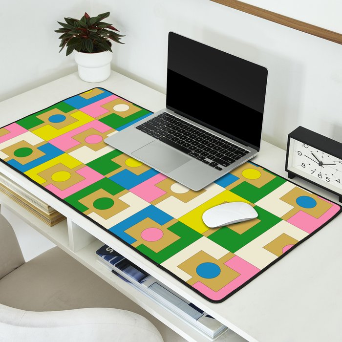 Retro Geometric Mid Century Modern Rektangel Pattern Yellow Blue Pink Green Desk Mat Gallery Image 2