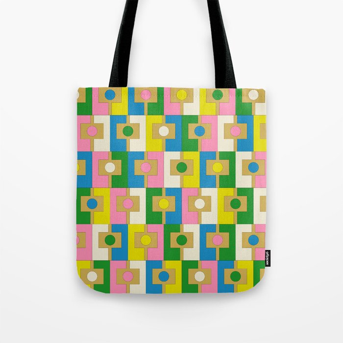 Retro Geometric Mid Century Modern Rektangel Pattern Yellow Blue Pink Green Tote Bag Gallery Image 1