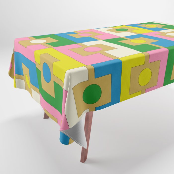 Retro Geometric Mid Century Modern Rektangel Pattern Yellow Blue Pink Green Tablecloth Gallery Image 1