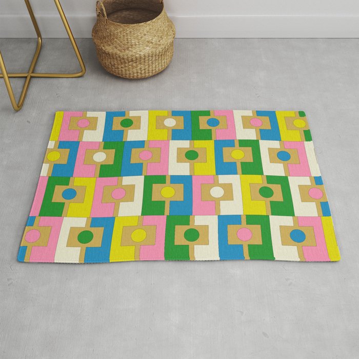 Retro Geometric Mid Century Modern Rektangel Pattern Yellow Blue Pink Green Rug Gallery Image 1
