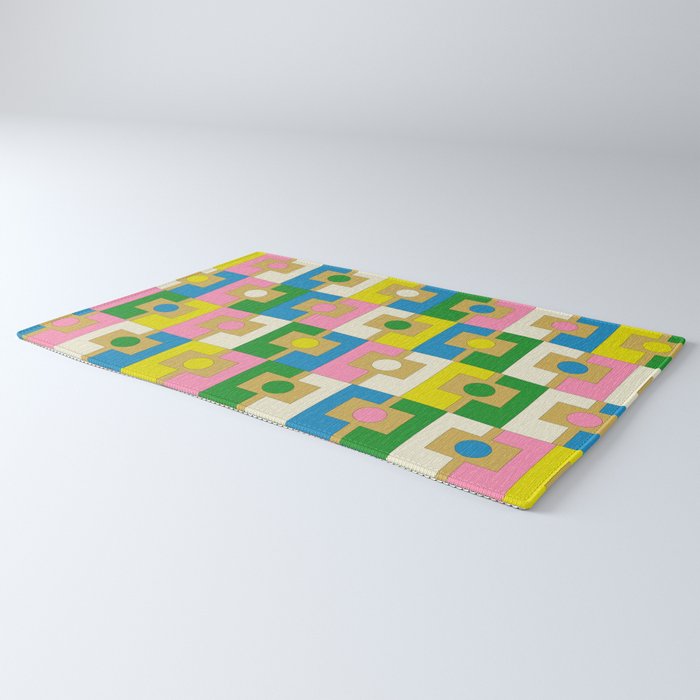Retro Geometric Mid Century Modern Rektangel Pattern Yellow Blue Pink Green Rug Gallery Image 3