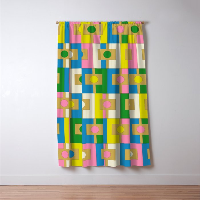 Retro Geometric Mid Century Modern Rektangel Pattern Yellow Blue Pink Green Window Curtain Gallery Image 3