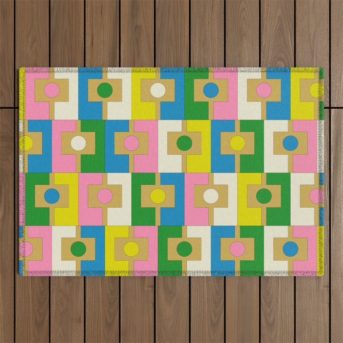 Retro Geometric Mid Century Modern Rektangel Pattern Yellow Blue Pink Green Outdoor Rug Gallery Image 1