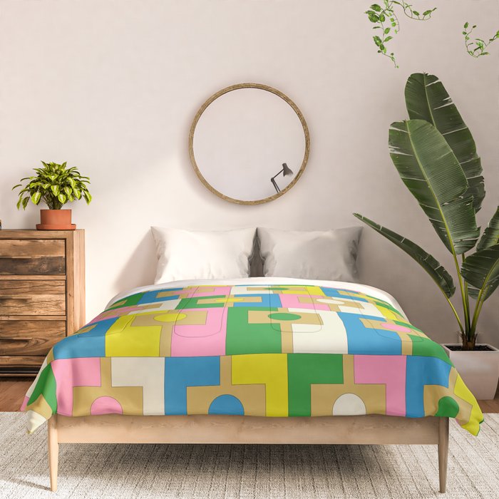 Retro Geometric Mid Century Modern Rektangel Pattern Yellow Blue Pink Green Comforter Gallery Image 3