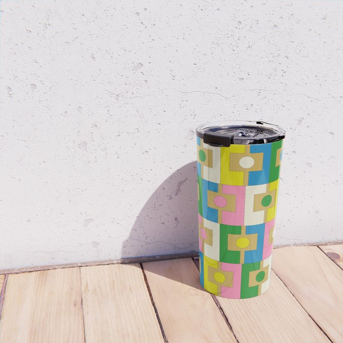 Retro Geometric Mid Century Modern Rektangel Pattern Yellow Blue Pink Green Travel Mug Gallery Image 4
