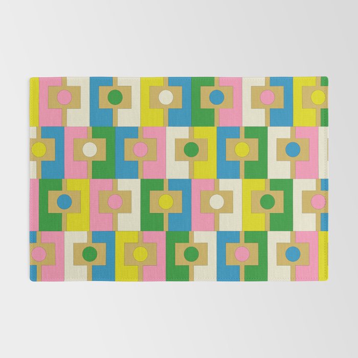 Retro Geometric Mid Century Modern Rektangel Pattern Yellow Blue Pink Green Rug Gallery Image 2