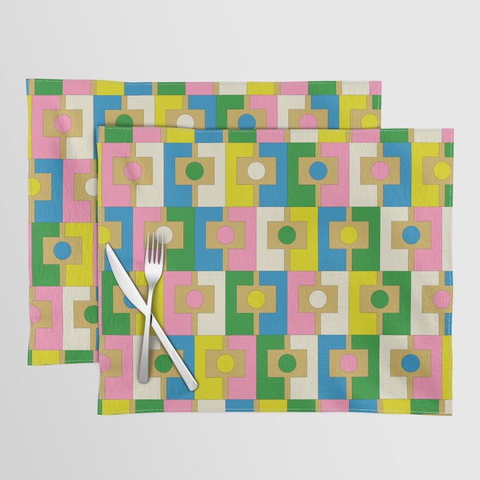 Retro Geometric Mid Century Modern Rektangel Pattern Yellow Blue Pink Green Placemat Gallery Image 1