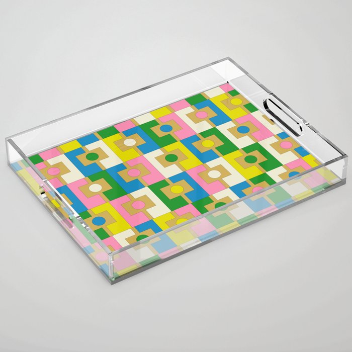 Retro Geometric Mid Century Modern Rektangel Pattern Yellow Blue Pink Green Acrylic Tray Gallery Image 1