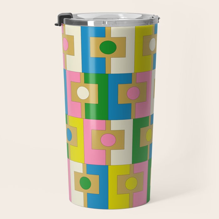 Retro Geometric Mid Century Modern Rektangel Pattern Yellow Blue Pink Green Travel Mug Gallery Image 3
