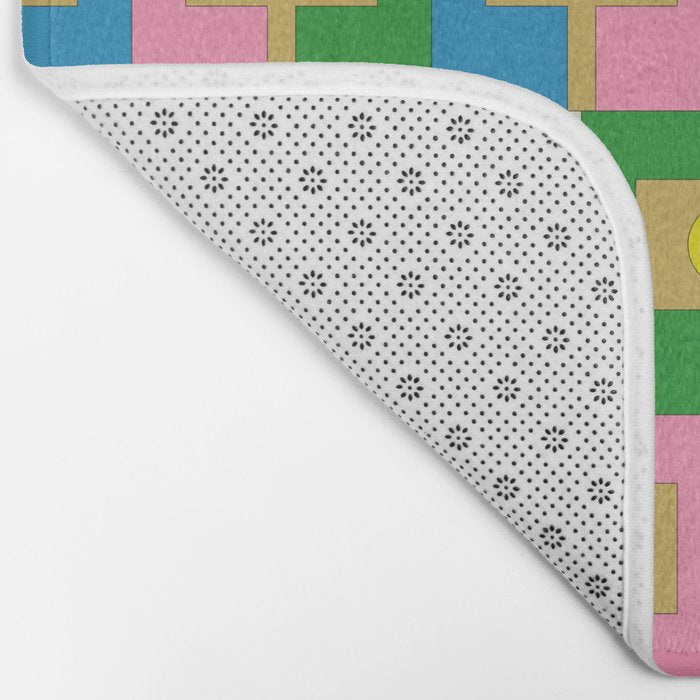 Retro Geometric Mid Century Modern Rektangel Pattern Yellow Blue Pink Green Bath Mat Gallery Image 2