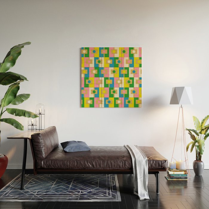 Retro Geometric Mid Century Modern Rektangel Pattern Yellow Blue Pink Green Wood Wall Art Gallery Image 2
