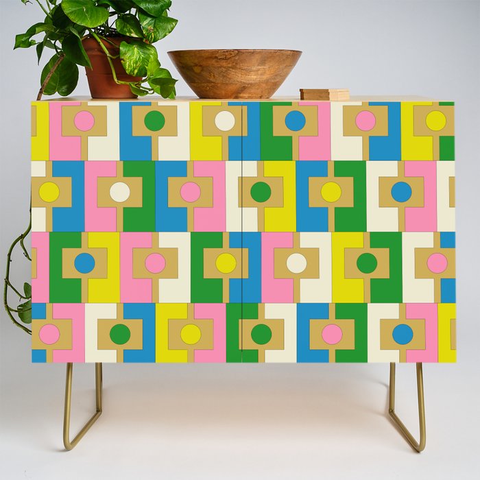 Retro Geometric Mid Century Modern Rektangel Pattern Yellow Blue Pink Green Credenza Gallery Image 1