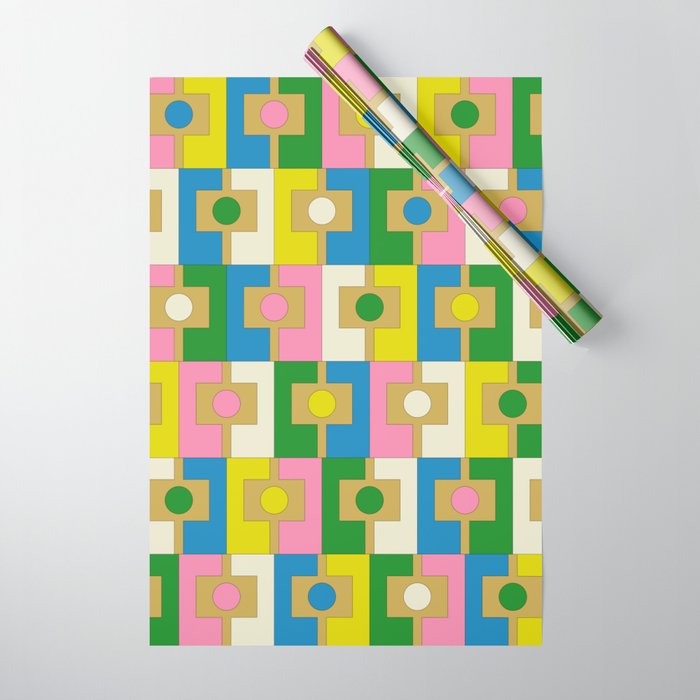 Retro Geometric Mid Century Modern Rektangel Pattern Yellow Blue Pink Green Wrapping Paper Gallery Image 1