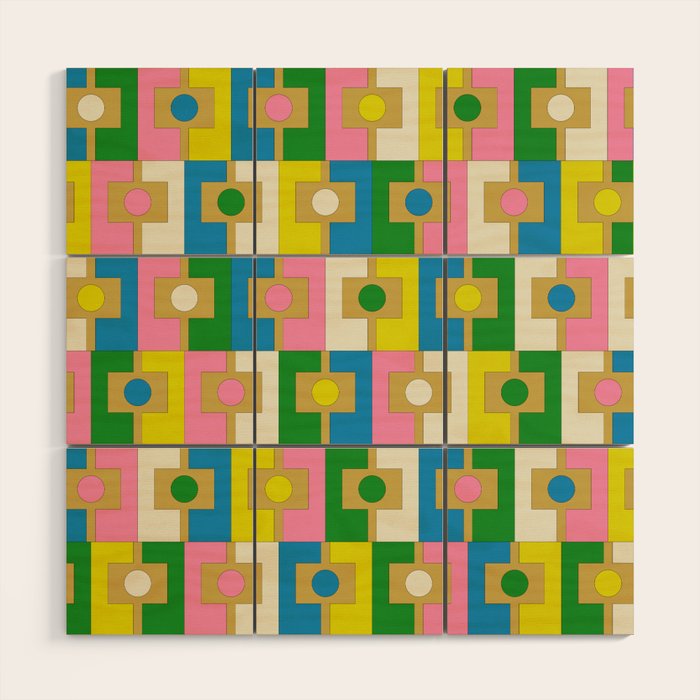 Retro Geometric Mid Century Modern Rektangel Pattern Yellow Blue Pink Green Wood Wall Art Gallery Image 1