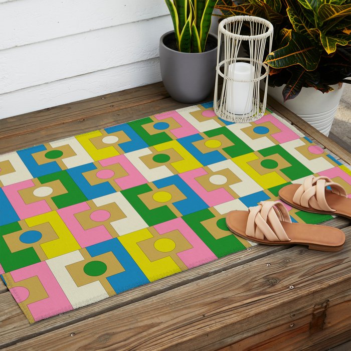Retro Geometric Mid Century Modern Rektangel Pattern Yellow Blue Pink Green Outdoor Rug Gallery Image 2