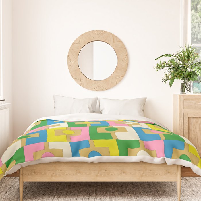 Retro Geometric Mid Century Modern Rektangel Pattern Yellow Blue Pink Green Duvet Cover Gallery Image 3