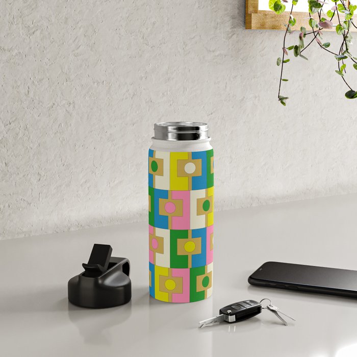 Retro Geometric Mid Century Modern Rektangel Pattern Yellow Blue Pink Green Water Bottle Gallery Image 4