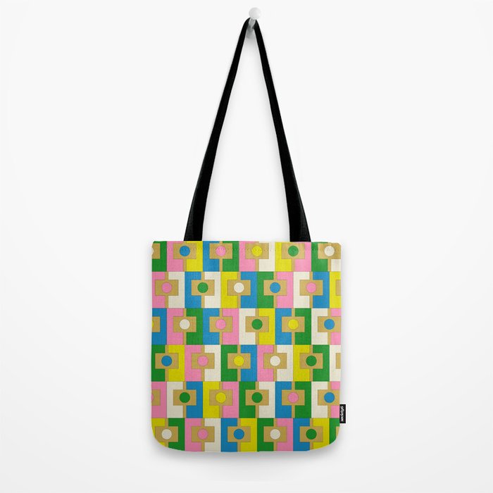 Retro Geometric Mid Century Modern Rektangel Pattern Yellow Blue Pink Green Tote Bag Gallery Image 2