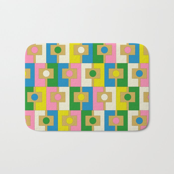 Retro Geometric Mid Century Modern Rektangel Pattern Yellow Blue Pink Green Bath Mat Gallery Image 1