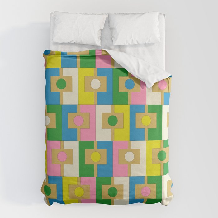 Retro Geometric Mid Century Modern Rektangel Pattern Yellow Blue Pink Green Duvet Cover Gallery Image 6