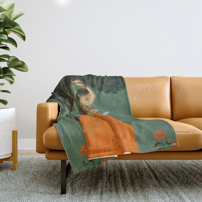 Title Woman Grasping Tree Branch Place India Indian Miniature Painting  Throw Blanket Gallery Image 1