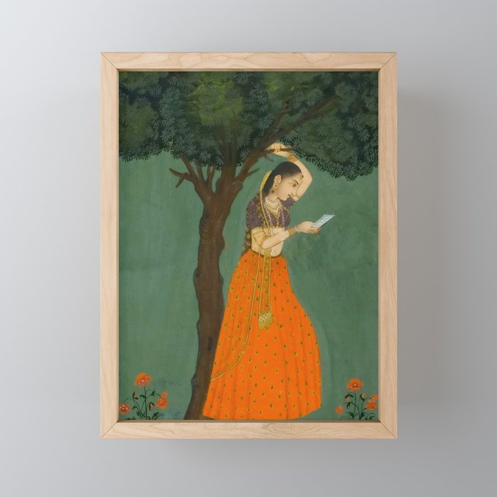 Title Woman Grasping Tree Branch Place India Indian Miniature Painting  Mini Art Print Gallery Image 1