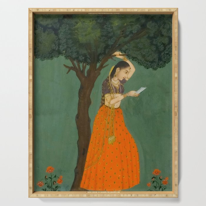 Title Woman Grasping Tree Branch Place India Indian Miniature Painting  Serving Tray Gallery Image 1