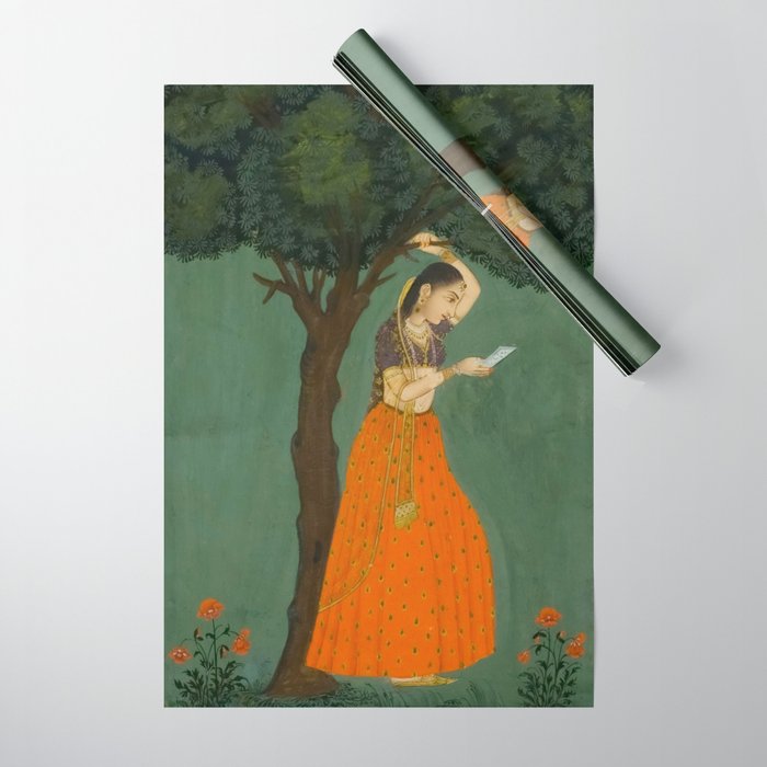 Title Woman Grasping Tree Branch Place India Indian Miniature Painting  Wrapping Paper Gallery Image 1
