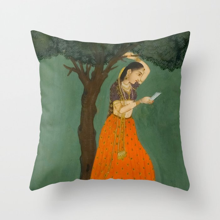 Title Woman Grasping Tree Branch Place India Indian Miniature Painting  Throw Pillow Gallery Image 6
