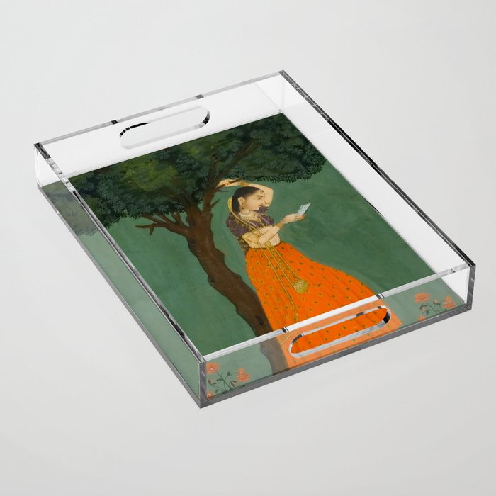 Title Woman Grasping Tree Branch Place India Indian Miniature Painting  Acrylic Tray Gallery Image 1