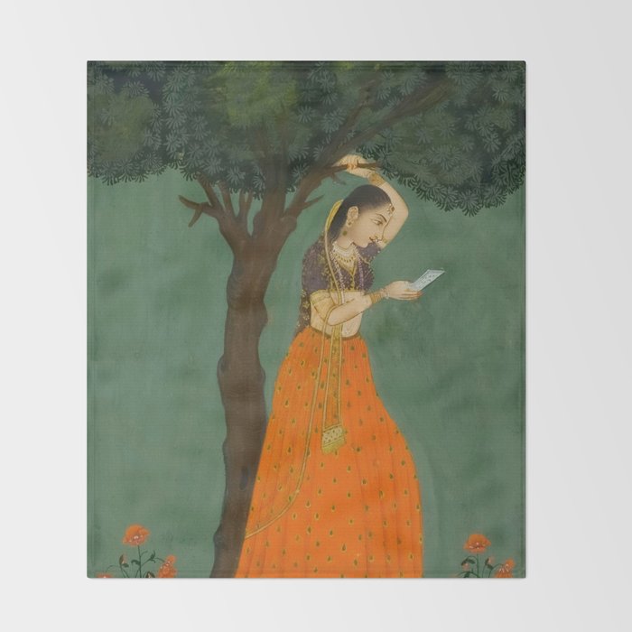 Title Woman Grasping Tree Branch Place India Indian Miniature Painting  Throw Blanket Gallery Image 2