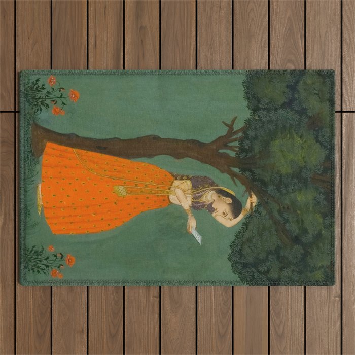 Title Woman Grasping Tree Branch Place India Indian Miniature Painting  Outdoor Rug Gallery Image 1