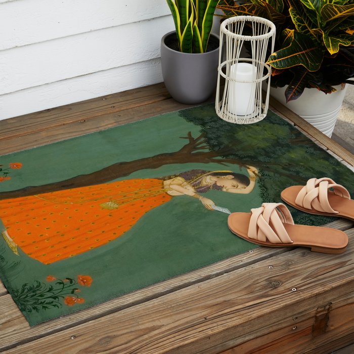 Title Woman Grasping Tree Branch Place India Indian Miniature Painting  Outdoor Rug Gallery Image 2