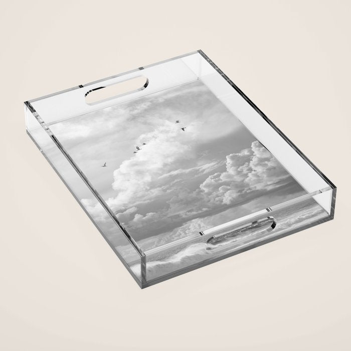 Seagulls in Nazaré Photo | Black and White Travel Photography in Portugal | Clouds and Waves Nature Art Print Acrylic Tray Gallery Image 1