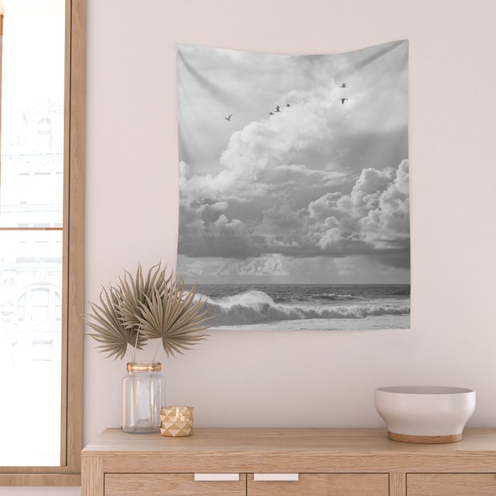Seagulls in Nazaré Photo | Black and White Travel Photography in Portugal | Clouds and Waves Nature Art Print Wall Tapestry Gallery Image 2